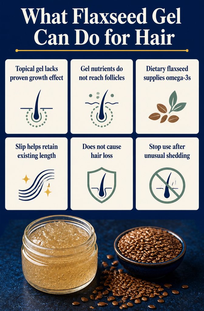 Hair strands beside a small bowl of flaxseed gel and whole flaxseeds