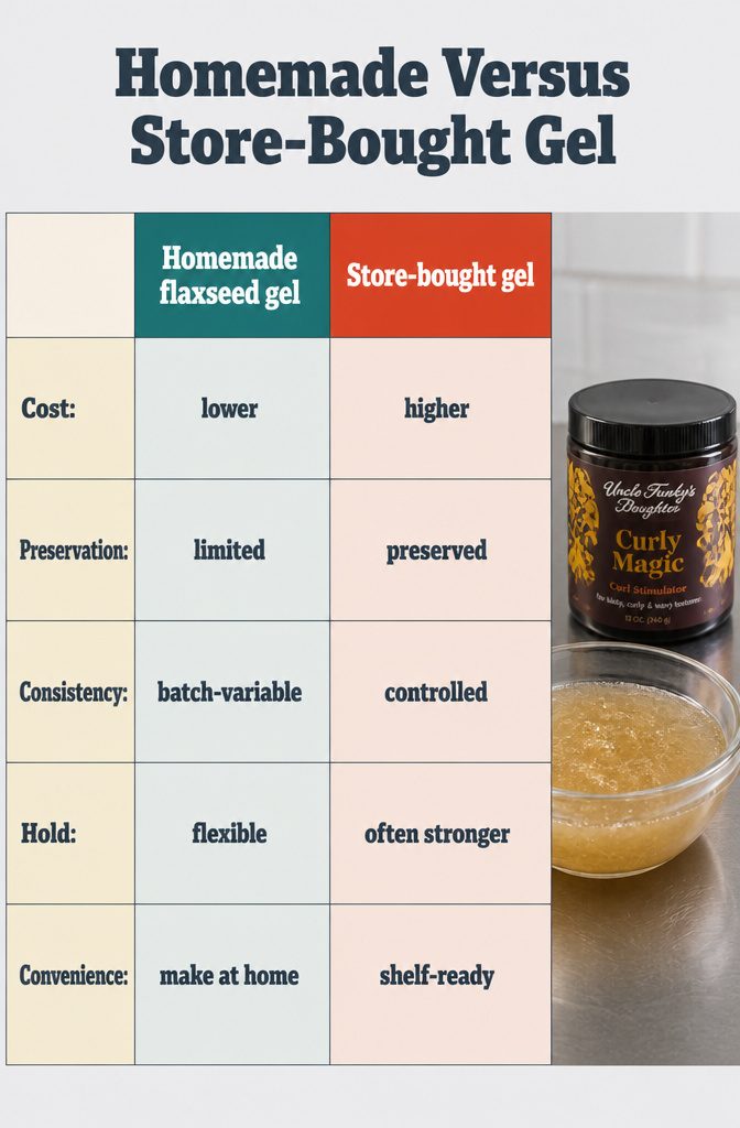 Homemade flaxseed gel in a jar beside a commercial hair gel bottle