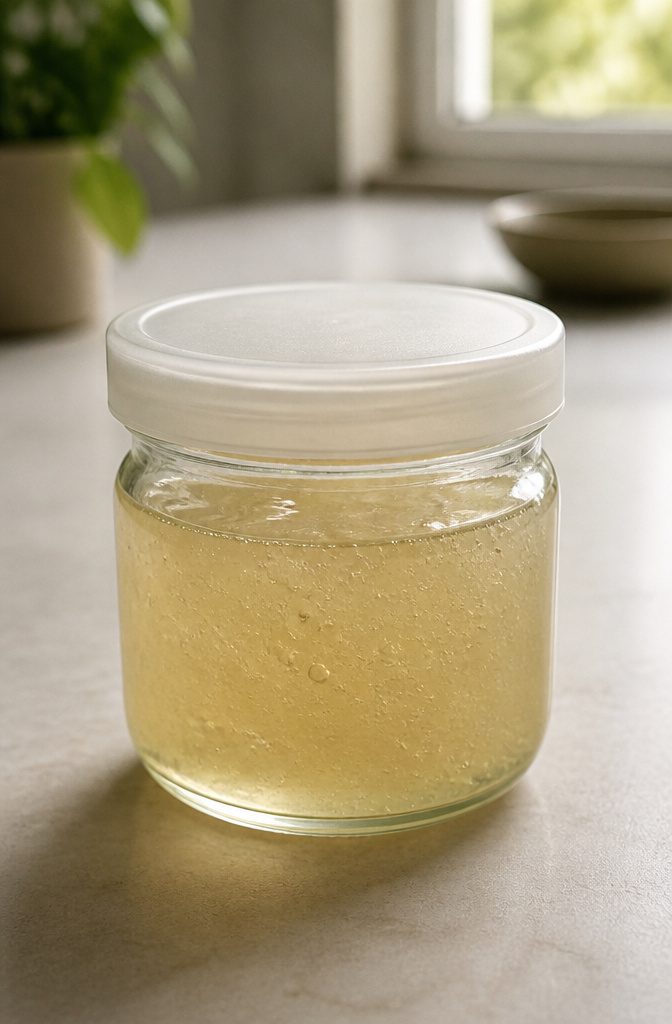Glass jar of flaxseed gel stored on a refrigerator shelf
