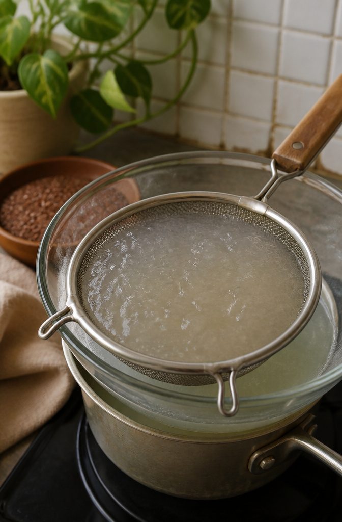 Warm flaxseed gel passing through a fine-mesh strainer into a bowl