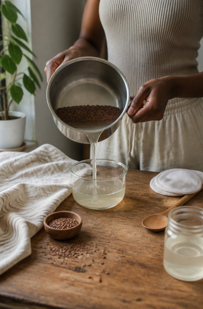 Ground flaxseeds beside a cloth strainer and a bowl of gel