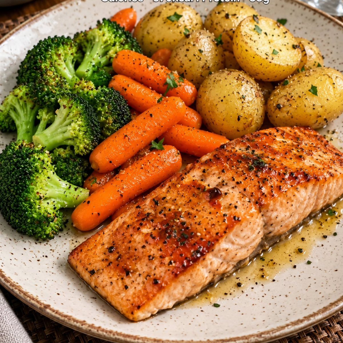 Cooked salmon fillet with steamed broccoli, baby carrots, and roasted potatoes on a plate.