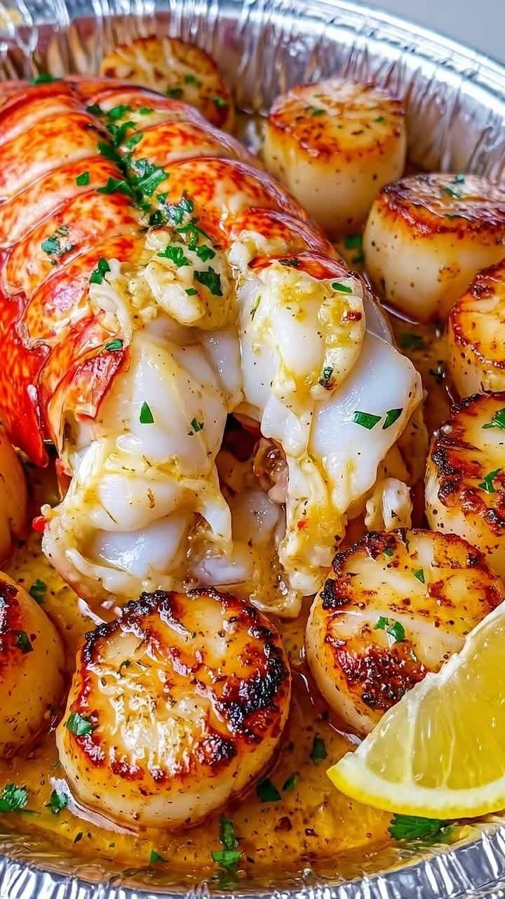 Cooked lobster tail and seared scallops with garlic butter and a lemon wedge.