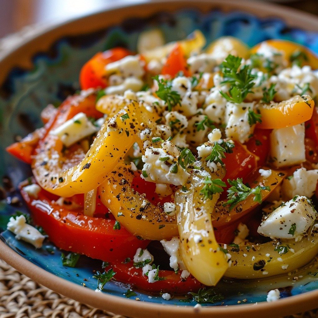 Sliced red and yellow sweet peppers with feta cheese and parsley in a bowl.