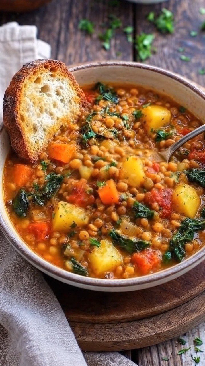 Lentil soup with carrots and potatoes served with a slice of toasted bread.