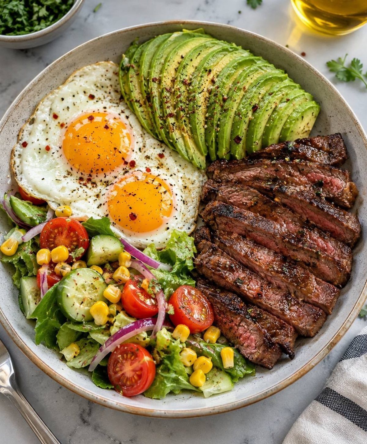 Grilled steak slices with fried eggs, avocado, and fresh garden salad in a bowl.