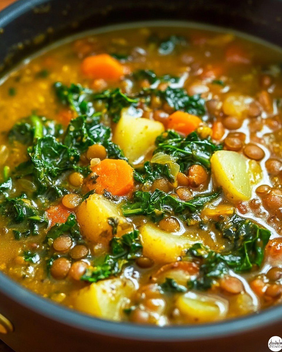 Hearty lentil stew with carrots, potatoes, and kale in a dark cooking pot.