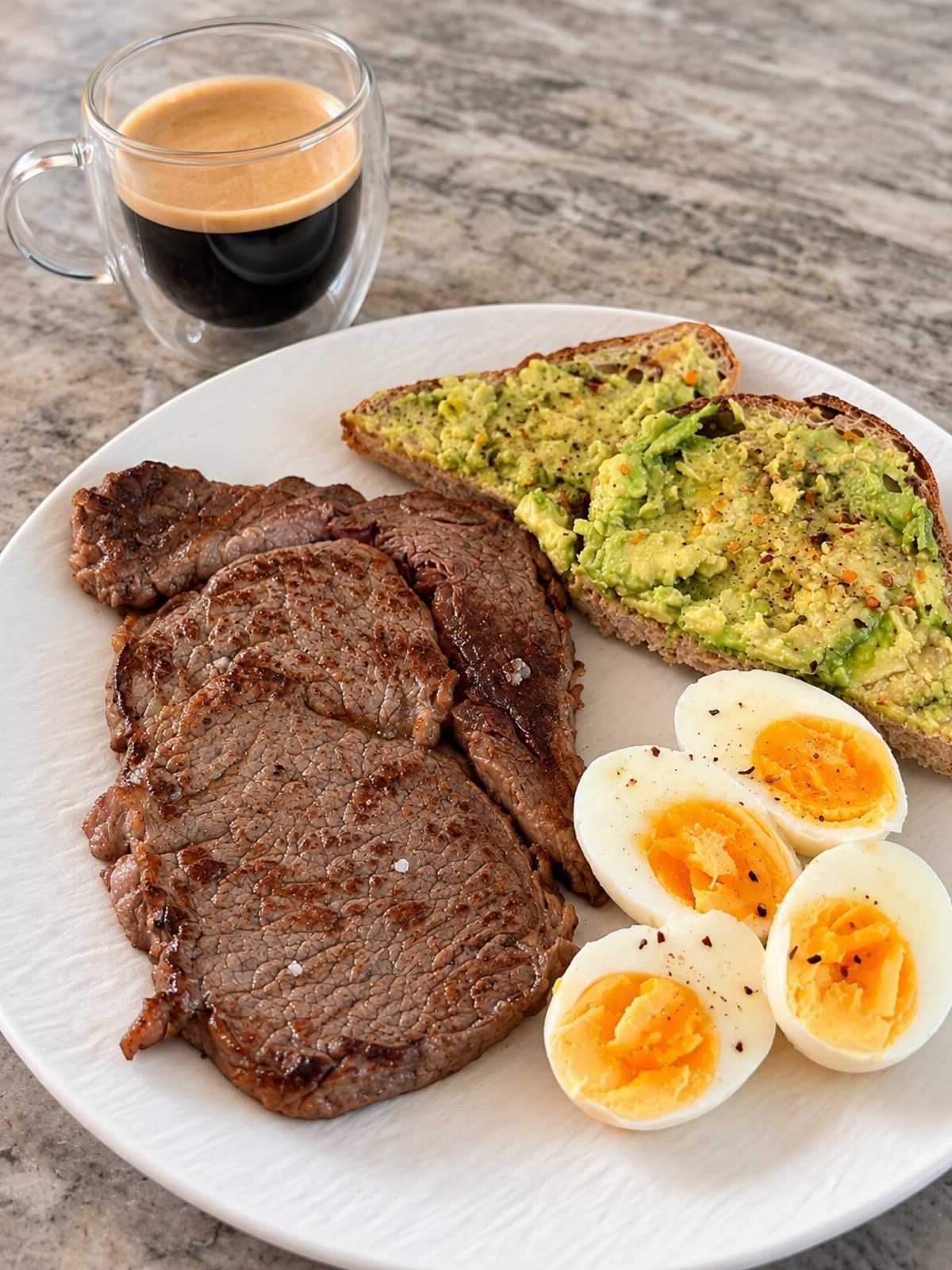 Grilled steak, boiled eggs, and avocado toast served on a white plate.