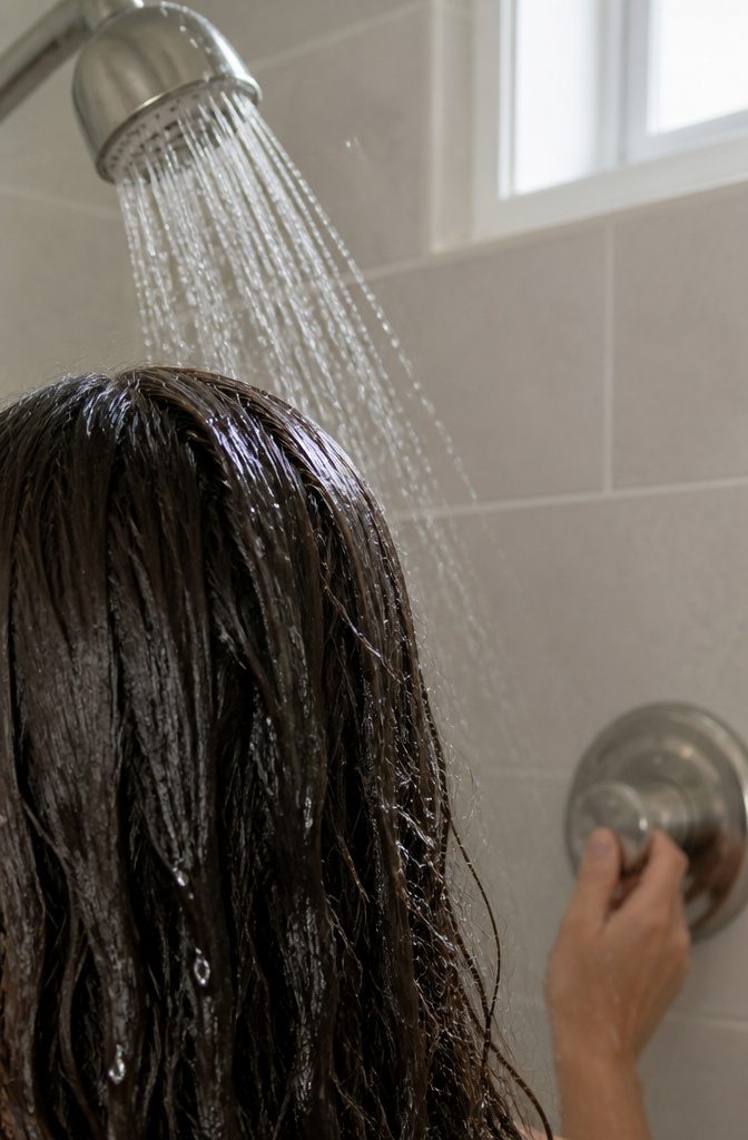 Back of wet hair beneath showerhead as water runs over the strands