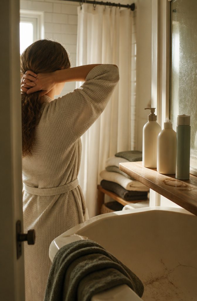 Woman gathering textured hair near unlabelled shampoo conditioner and dry shampoo