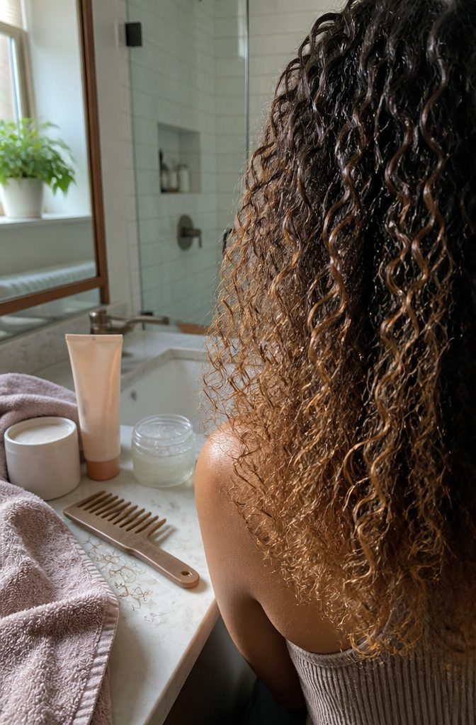 Back view of shoulder-length curly hair with visible roots and lifted ends