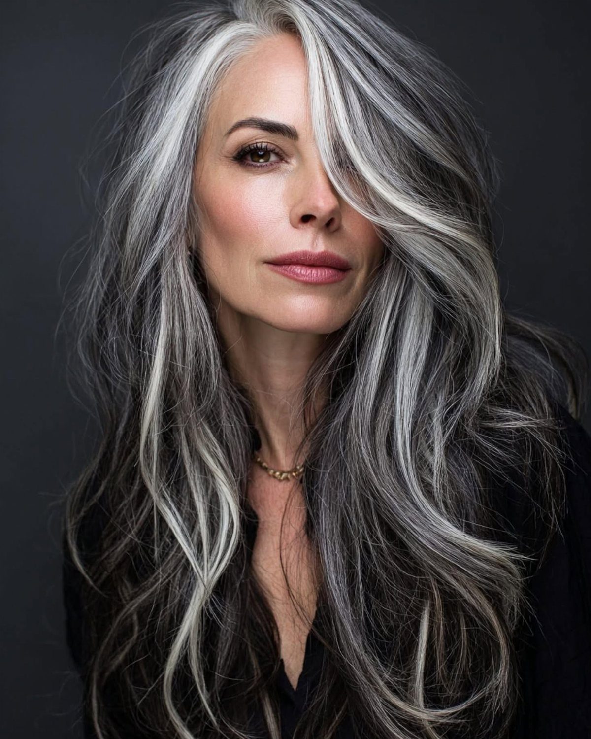Woman with long wavy gray and brown hair posing against a dark background