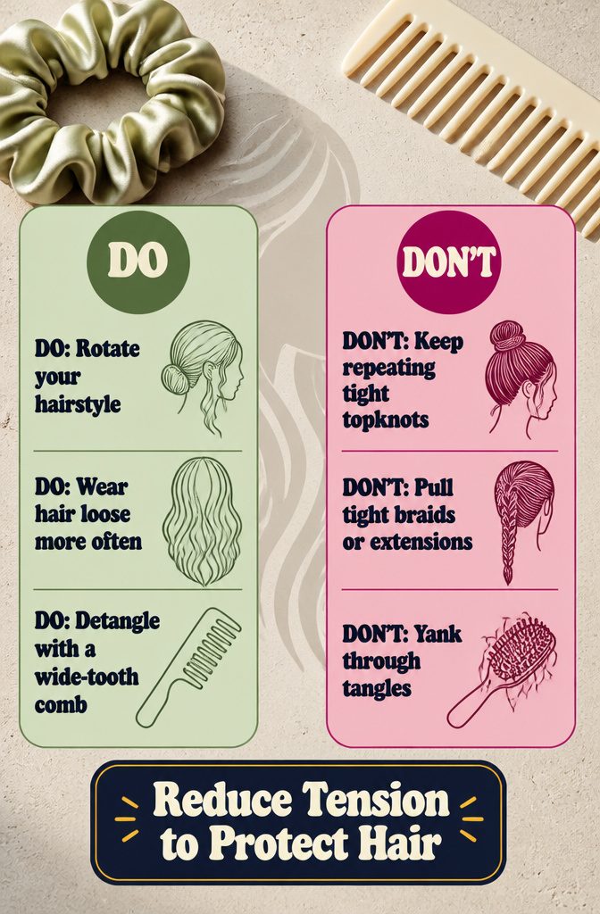 Infographic showing hairstyles and hair handling that reduce scalp tension