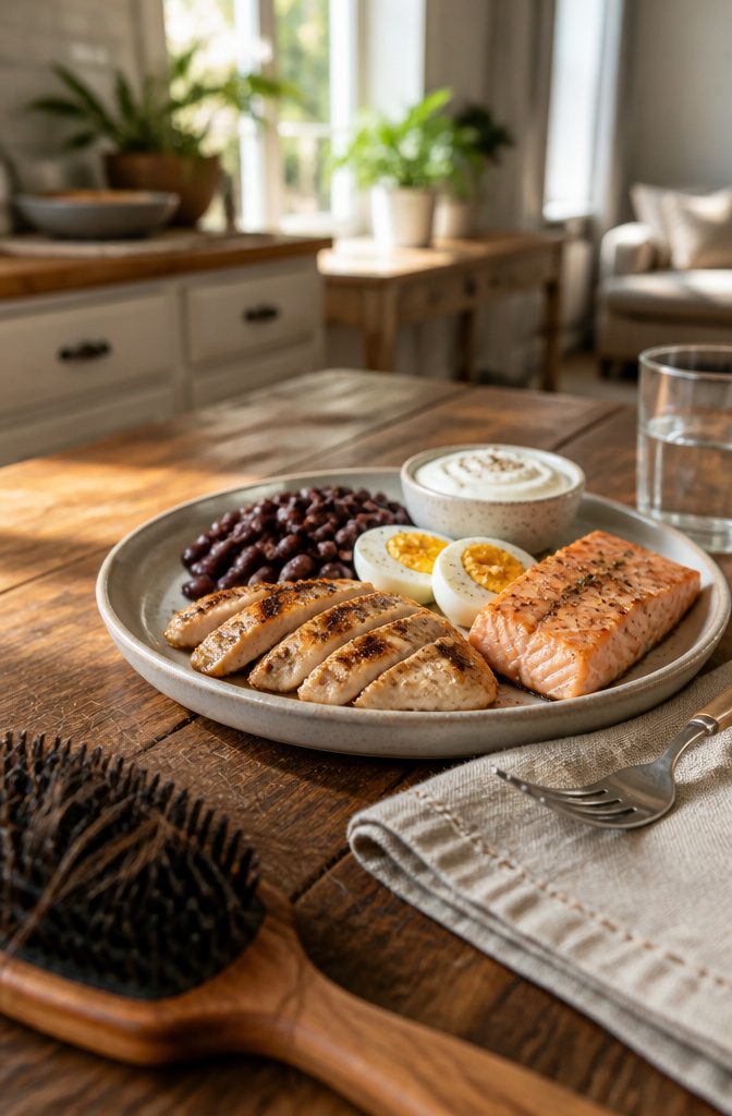 Grilled chicken fish eggs beans and Greek yogurt arranged on a plate