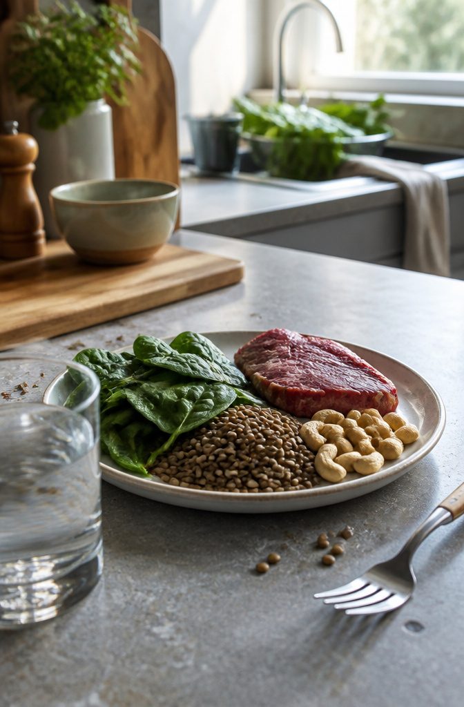 Spinach leaves lentils cashews and red meat arranged on a plate