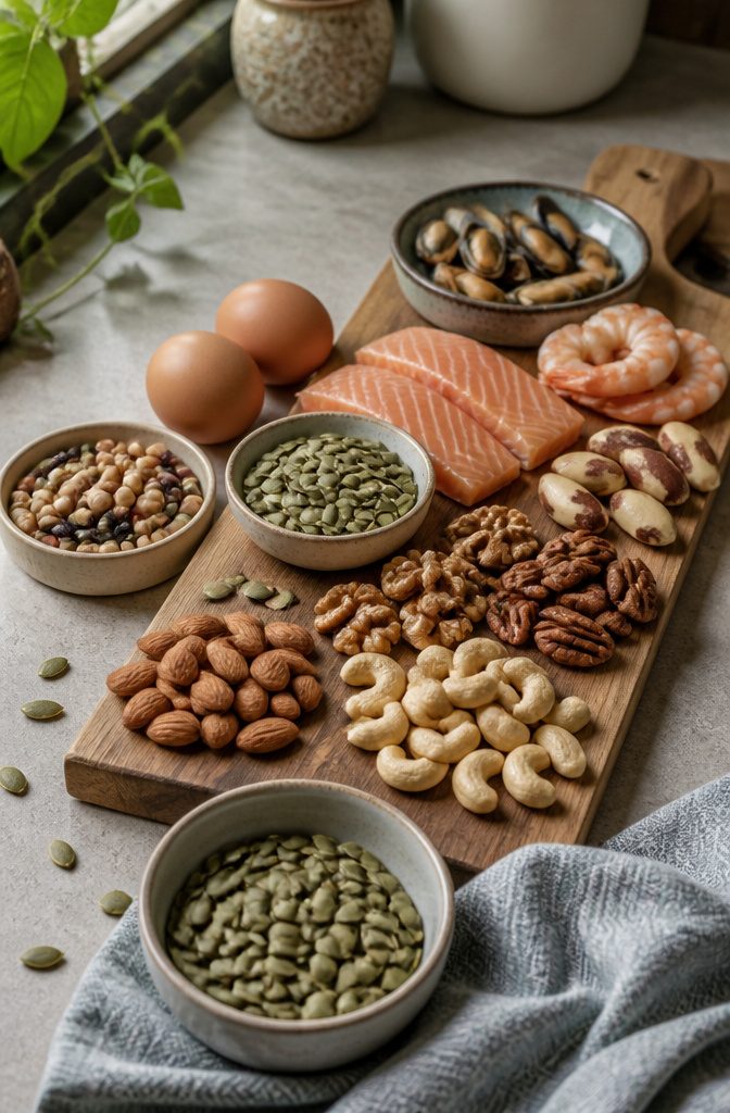 Pumpkin seeds shellfish fish eggs legumes and mixed nuts on a surface