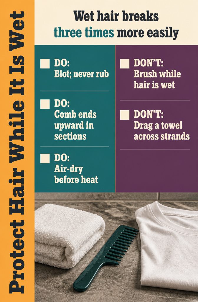 Wet hair beside a wide-tooth comb and soft towel