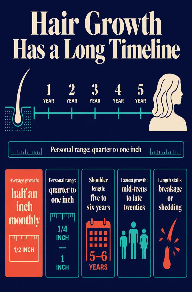 Hair growth timeline infographic with stages marked across several years