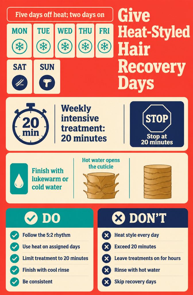 Hair heat styling infographic showing a five day rest and two styling days