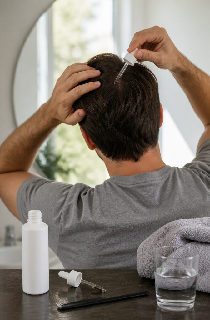 Minoxidil liquid and foam products arranged beside a hairbrush