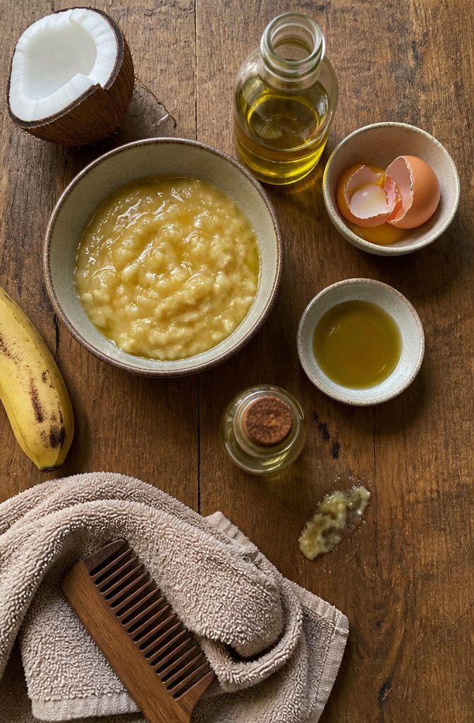 Castor oil olive oil eggs and ripe banana arranged for hair treatments
