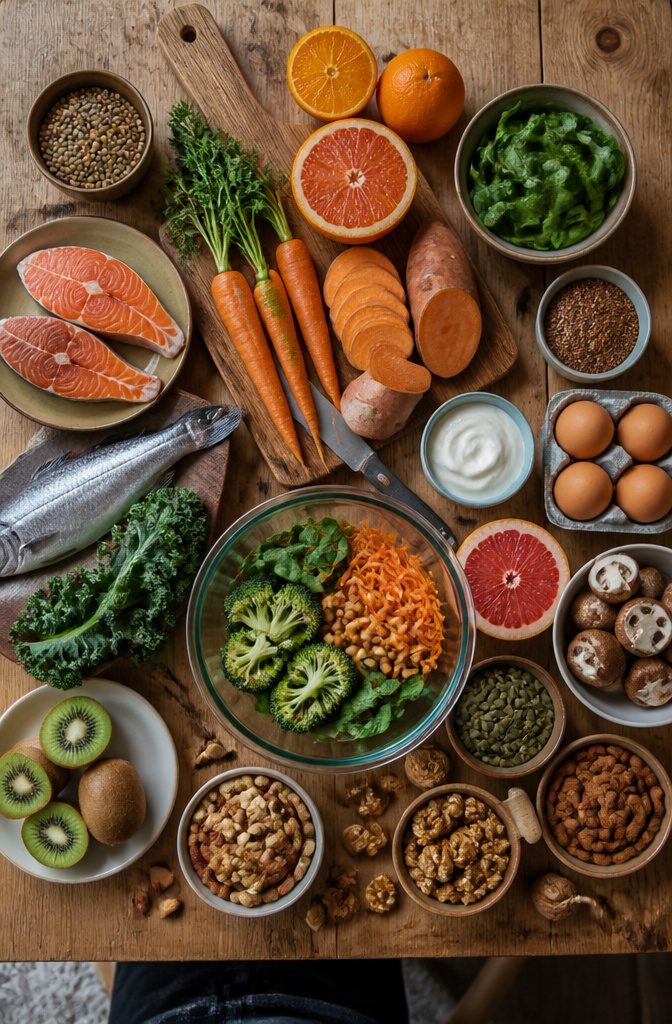 Colorful whole foods including vegetables fruits nuts and fish