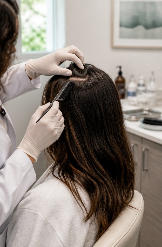 Dermatologist using a comb to part a patient's hair for scalp examination