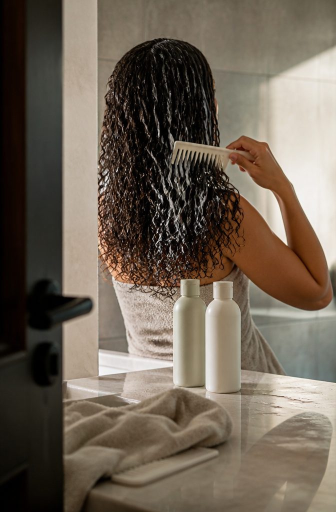Shampoo and conditioner bottles arranged beside hair care products