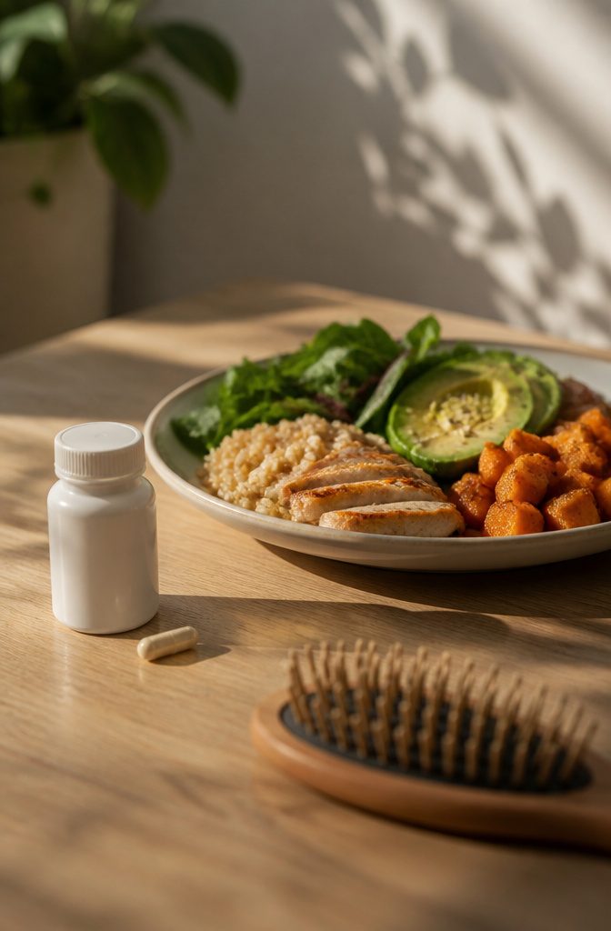 Hair supplement bottle beside a plate of protein greens grains and healthy fats