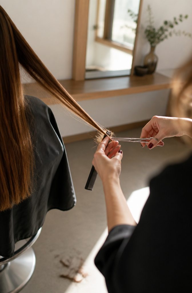 Hands trimming a split hair tip with sharp scissors