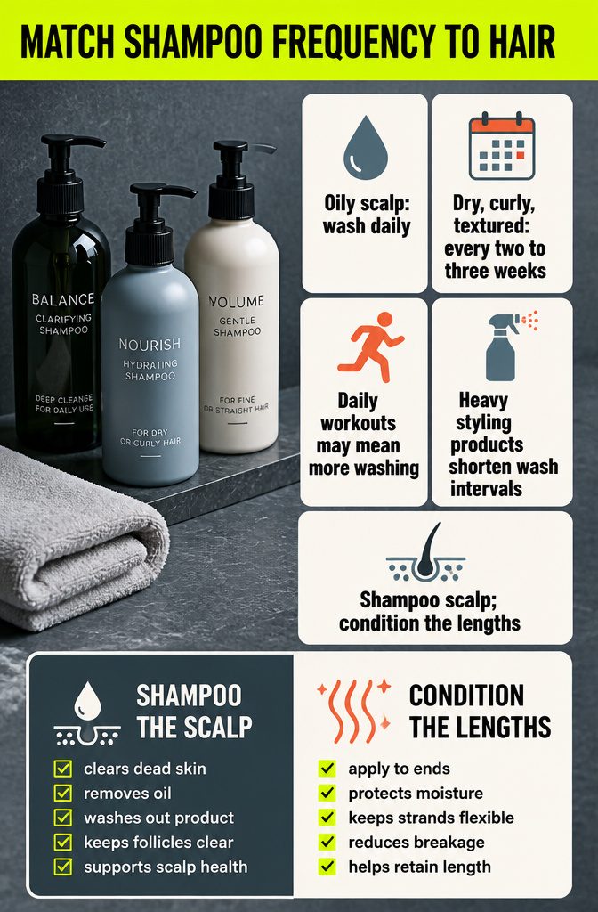Hair washing infographic comparing shampoo schedules for different hair types