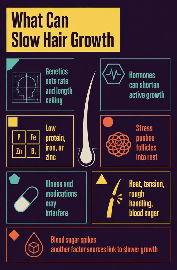 Hair growth infographic listing genetics hormones nutrition stress illness and medication