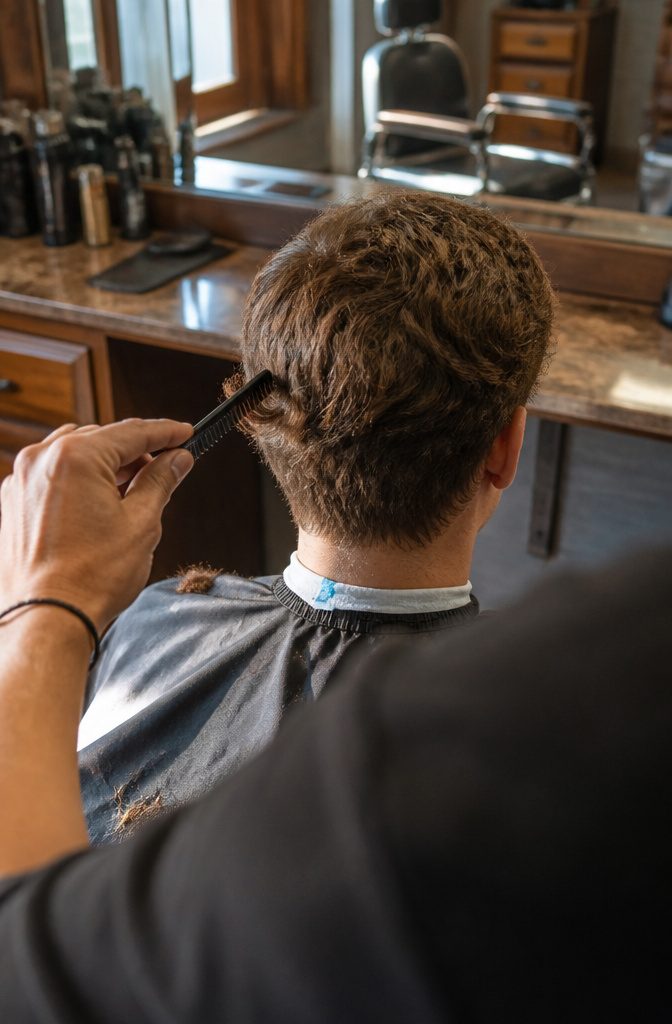 Barber lifting a section of fringe with a comb to check the outline