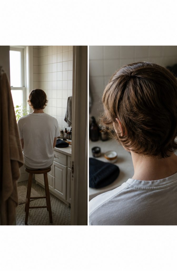 Person with mid-length hair sitting unevenly around the sides