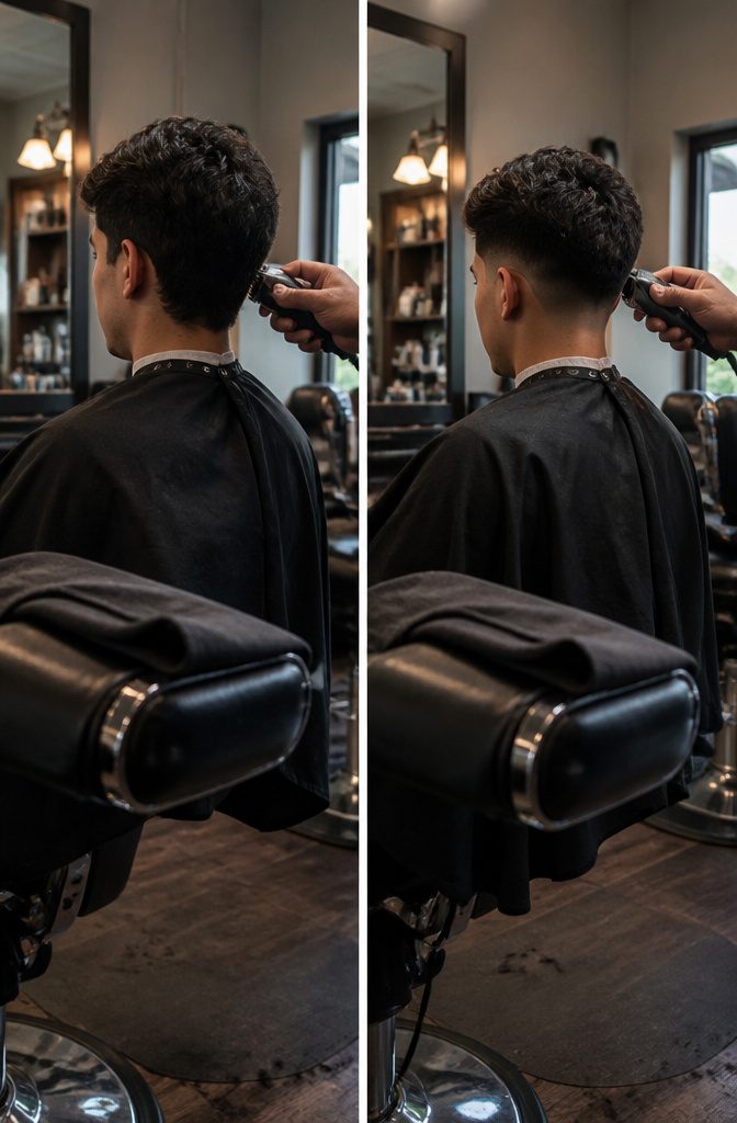 Barber tidying the neckline and sideburns without cutting the top