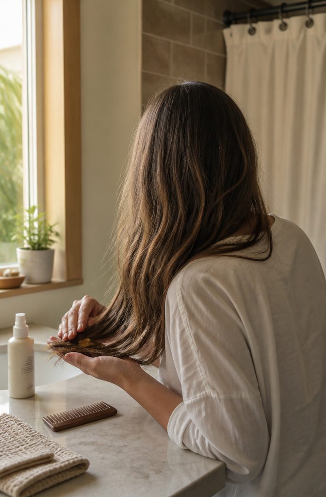 Hand applying oil to long hair ends beside leave-in conditioner