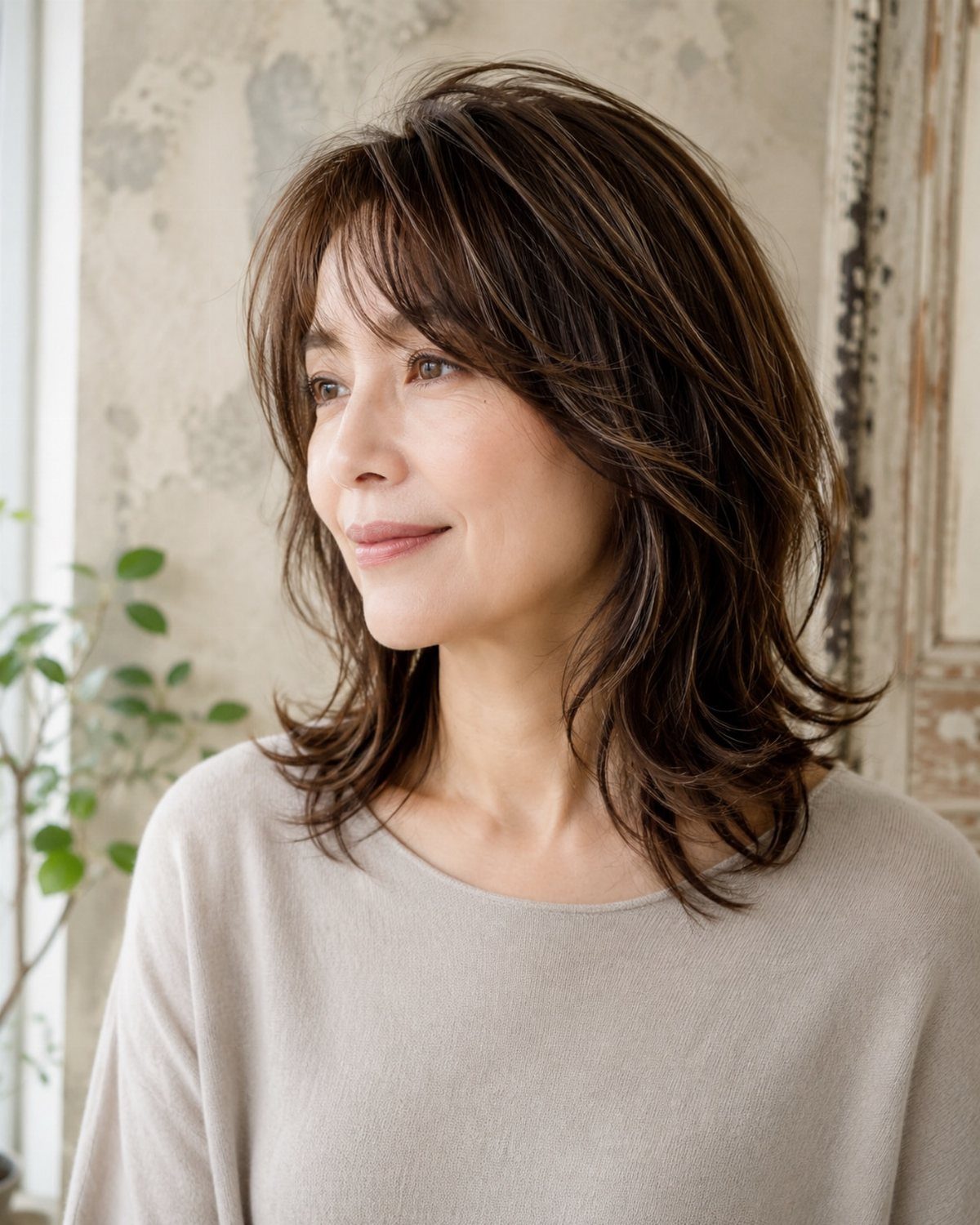 Woman with brown layered hair featuring volume at the crown and soft waves.