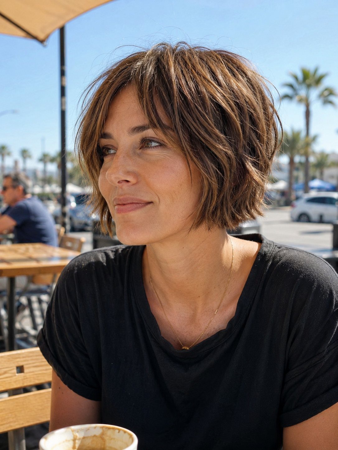 Woman with a brown layered bob haircut featuring textured ends and side-swept bangs.