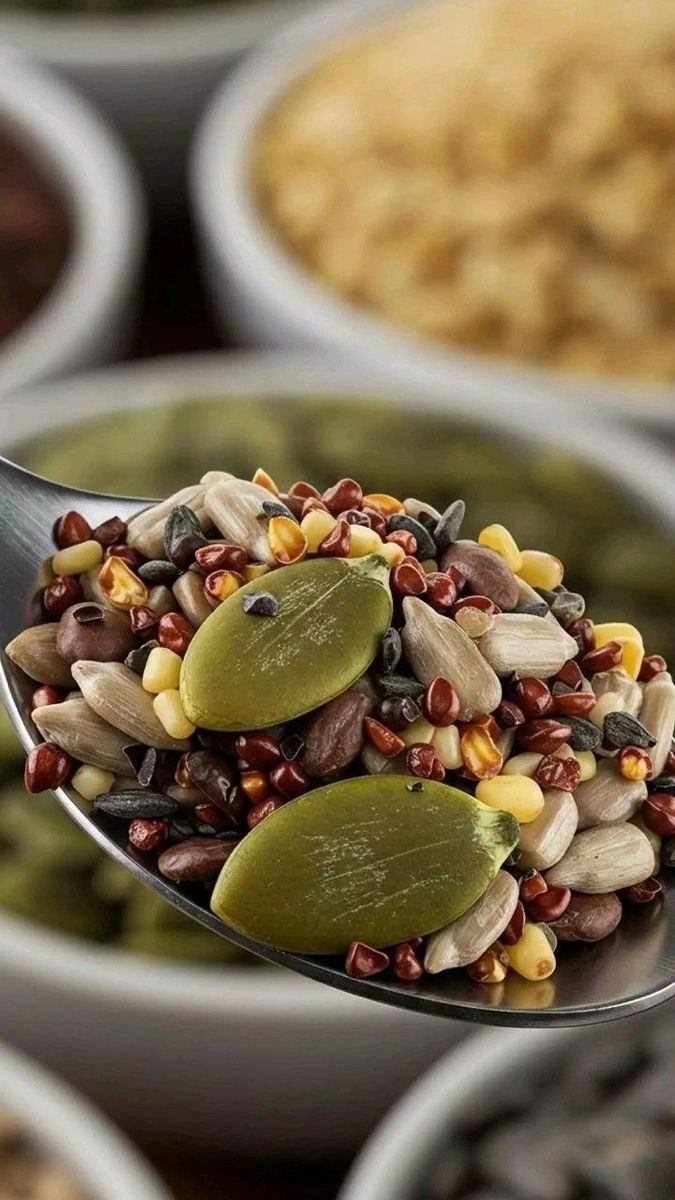 Metal spoon holding a mix of pumpkin seeds, sunflower seeds, and colorful grains.
