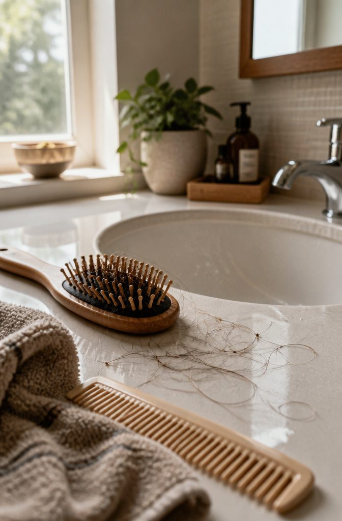 Hairbrush beside a bathroom sink with full-length hairs and shorter broken strands