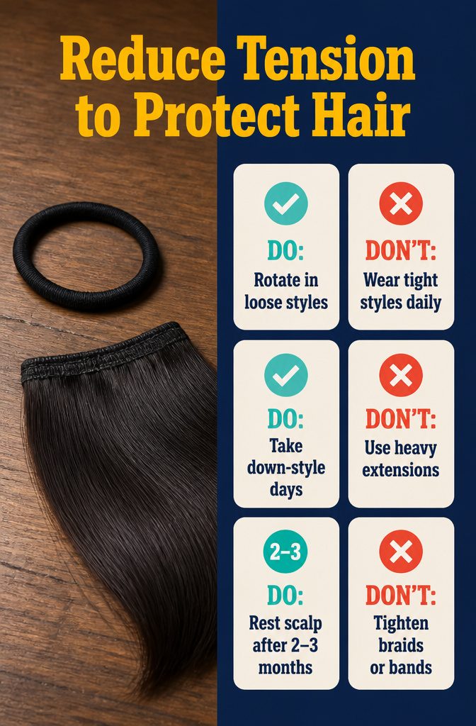 Diagram of tight ponytails braids and extensions pulling on hair roots
