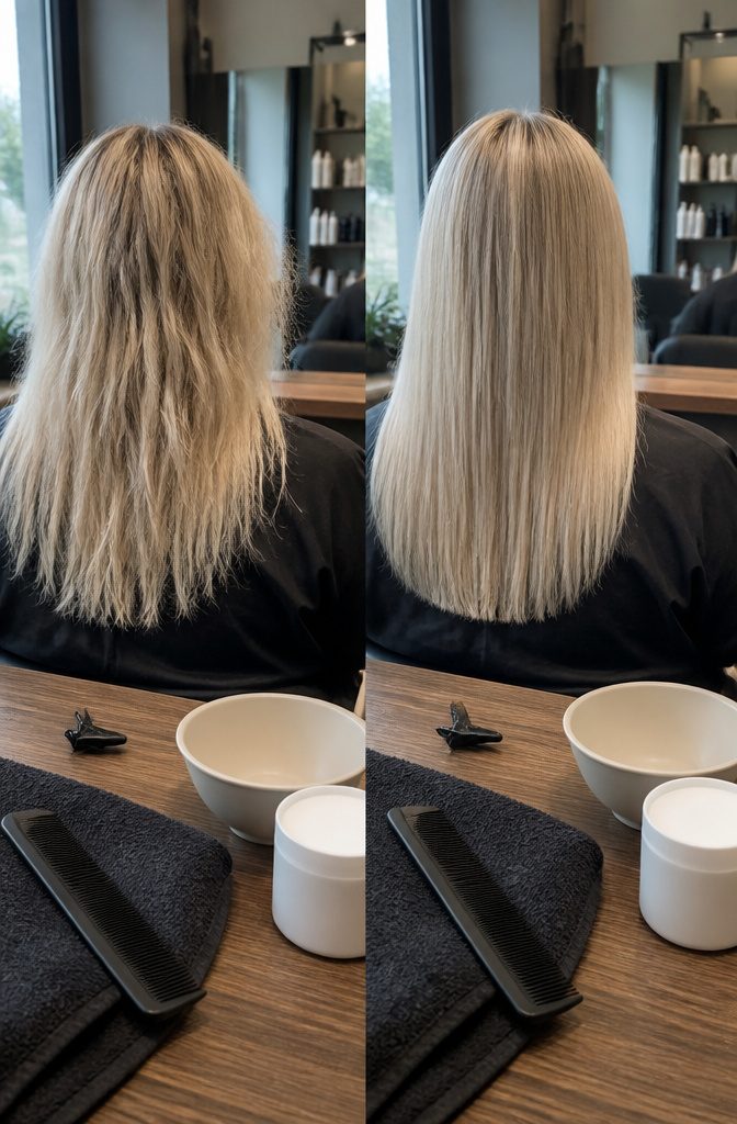 Hair stylist applying chemical treatment to a section of dark hair