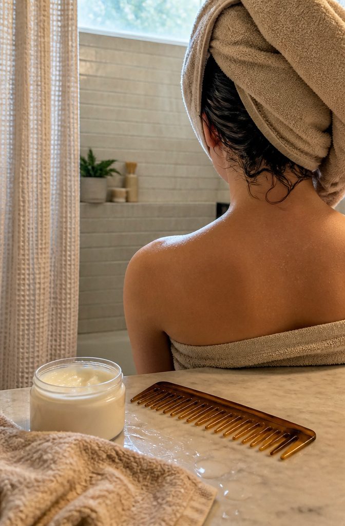 Damp hair wrapped in a towel beside a conditioning mask jar and wide-tooth comb