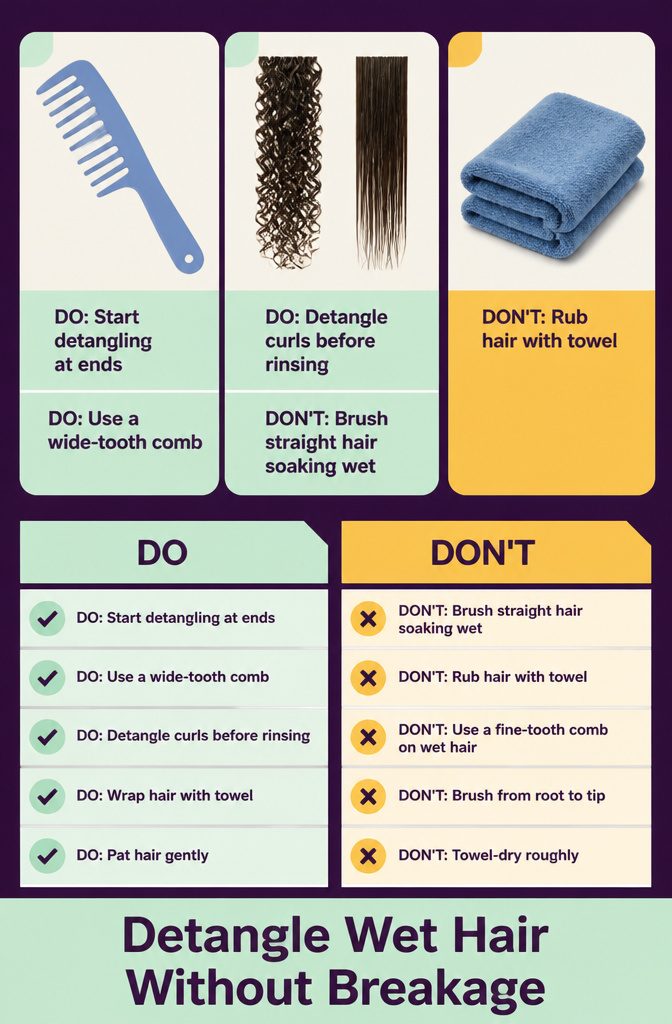 Wide-tooth comb working through damp hair beside a towel