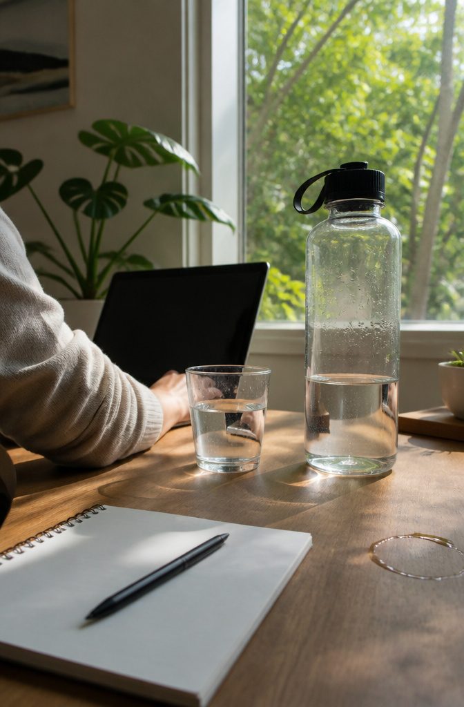 Partly filled liter bottle and water glass beside a person working at a desk