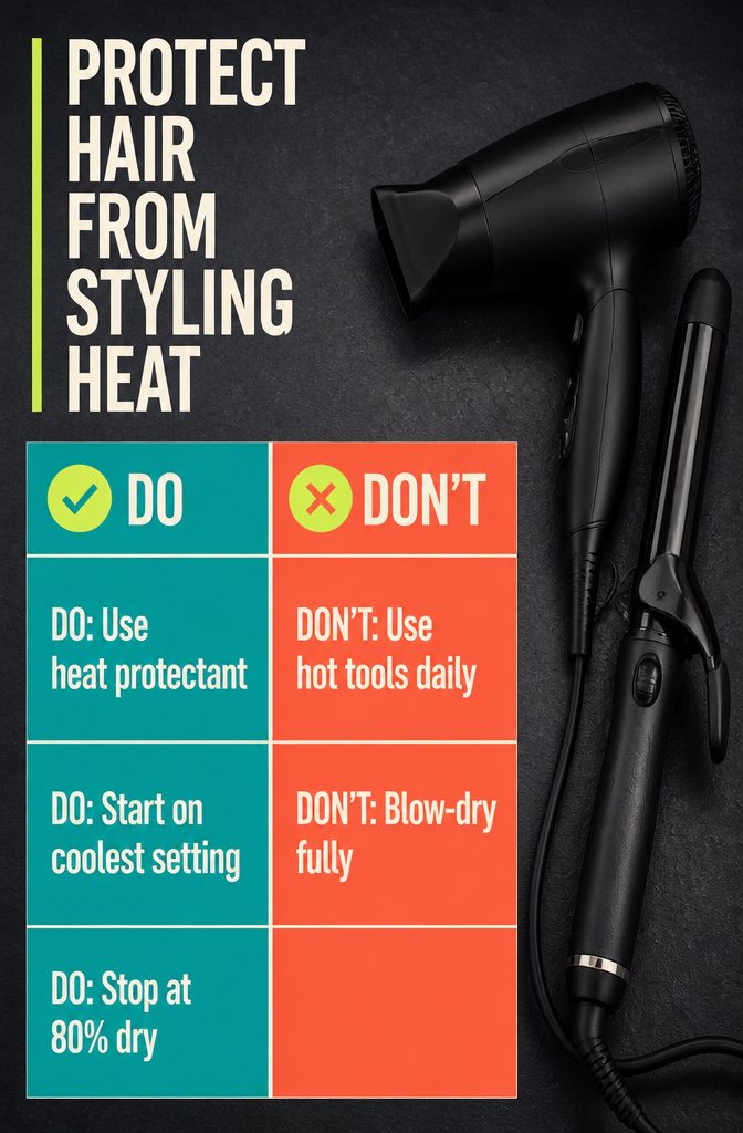 Hair styling heat protection infographic with a dryer and styling tools