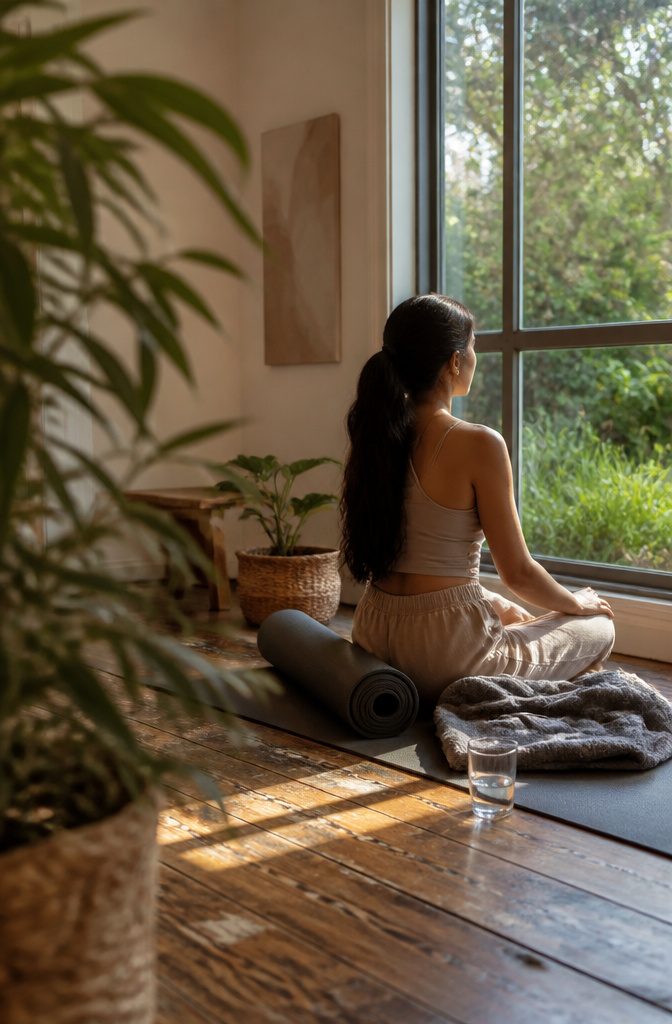 Woman seated with closed eyes on a yoga mat beside a window