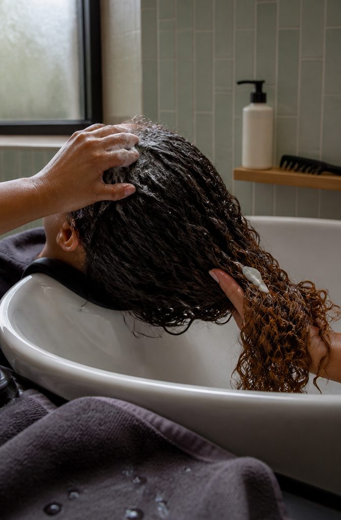 Curly damp hair over a wash basin with shampoo at the roots and conditioner nearby