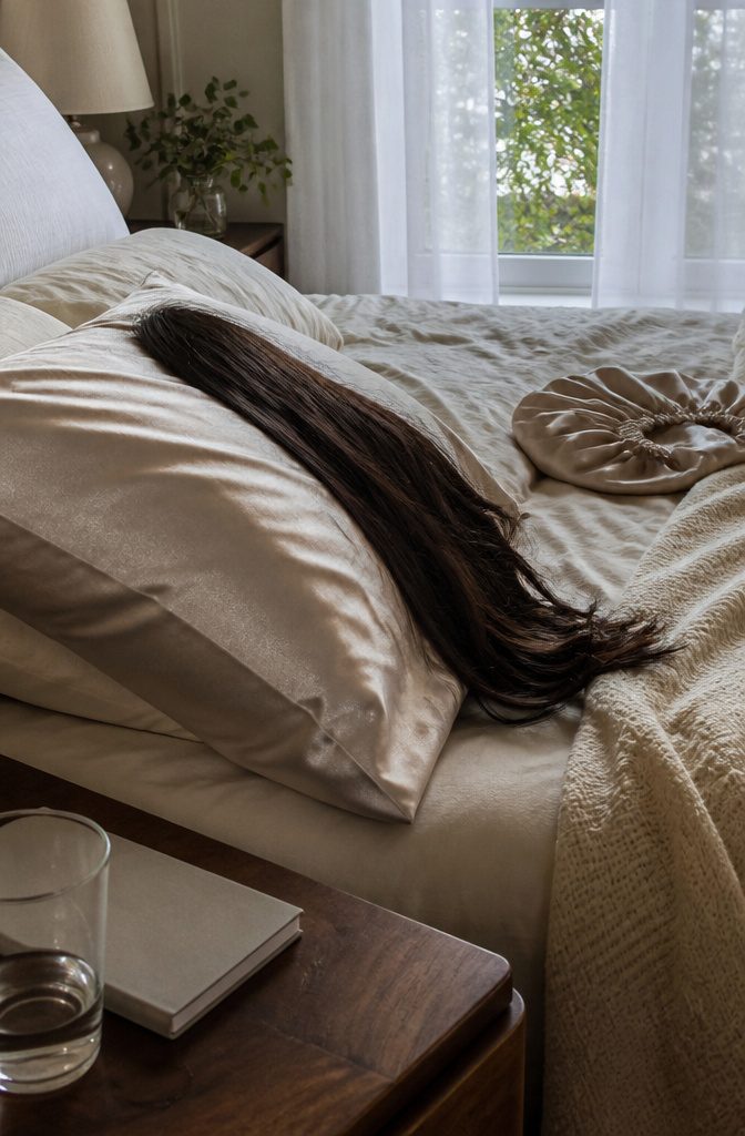 Long hair spread across a satin pillowcase beside a folded sleep bonnet