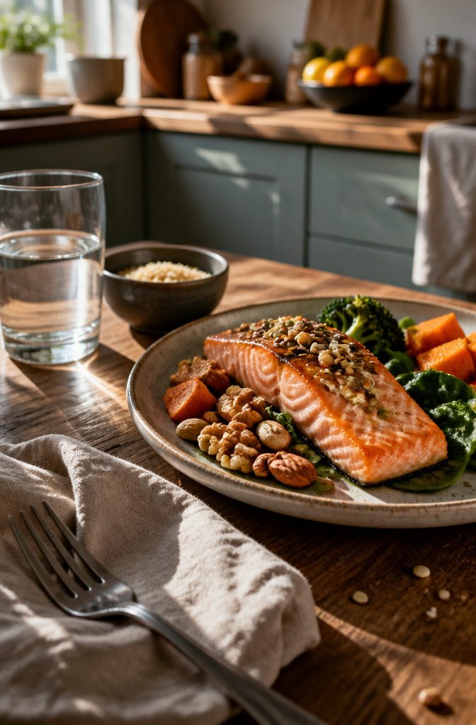 Wild salmon with hemp seeds nuts vegetables and grains on a ceramic plate